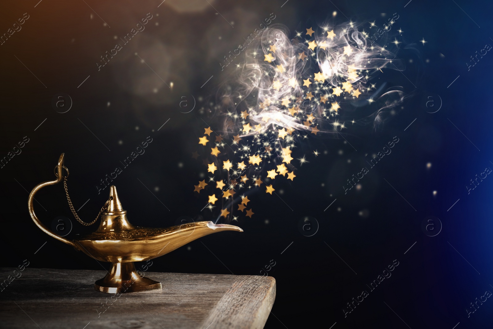 Image of Genie appearing from magic lamp of wishes. Fairy tale 