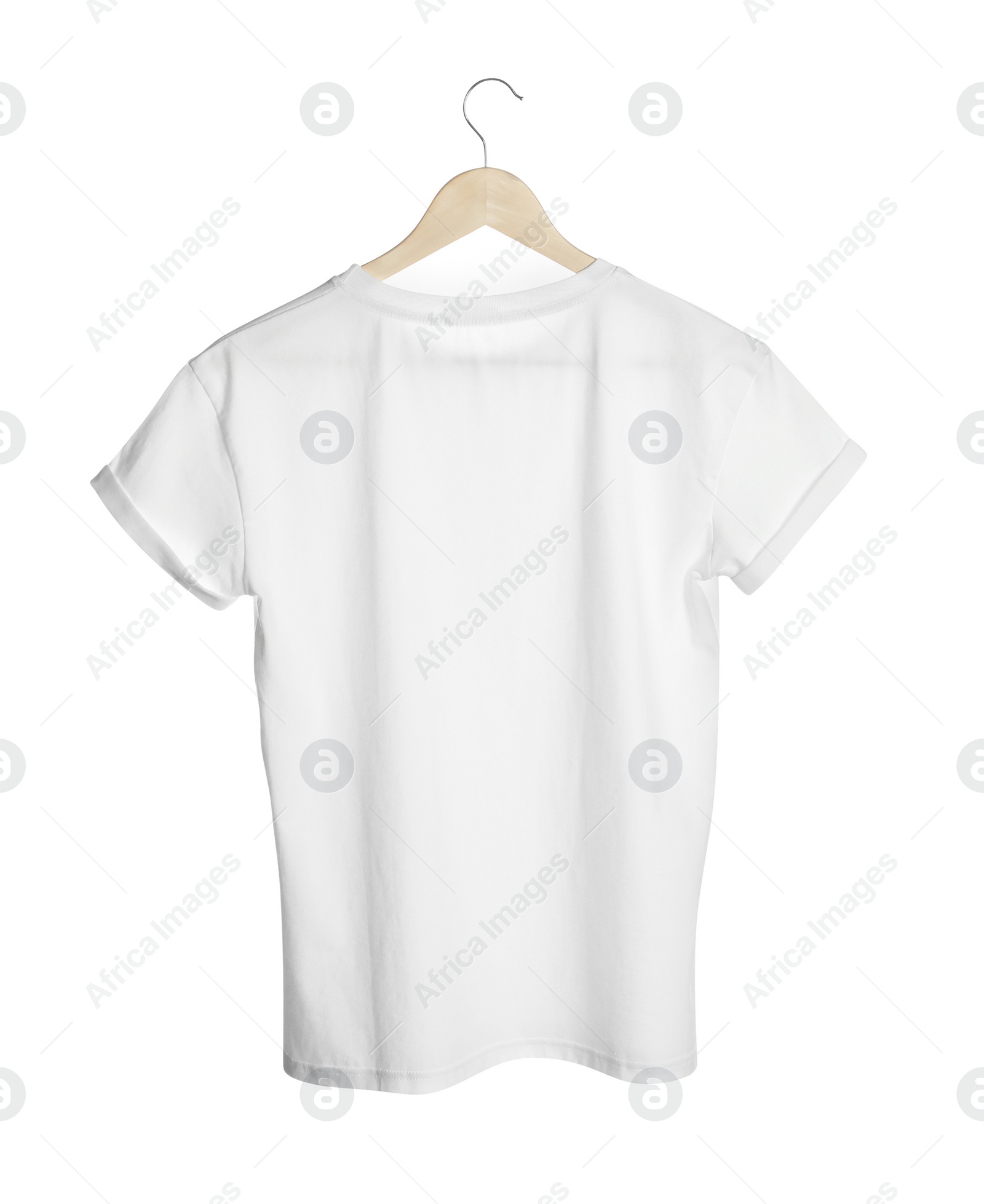 Photo of Hanger with stylish t-shirt on white background, back view
