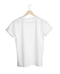 Photo of Hanger with stylish t-shirt on white background, back view