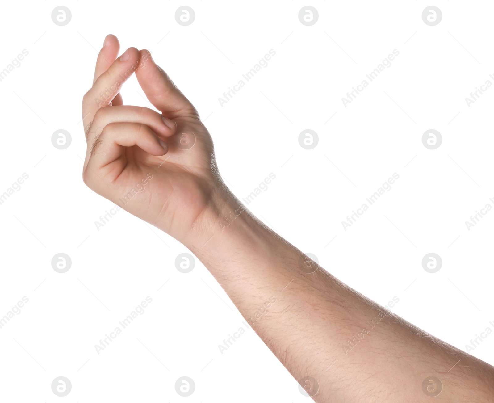 Photo of Man holding something on white background, closeup