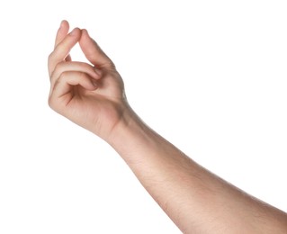 Man holding something on white background, closeup