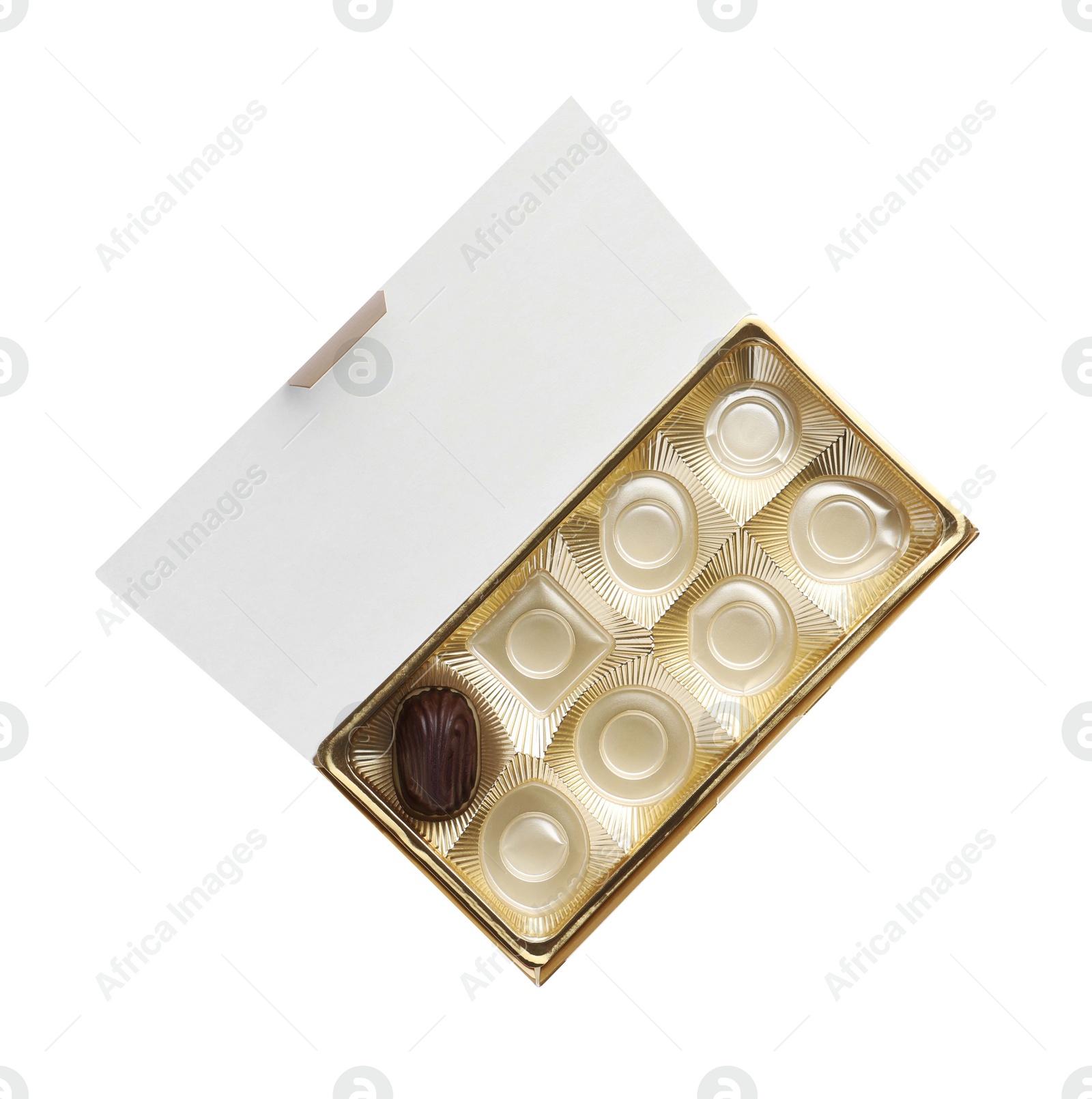 Photo of Partially empty box of chocolate candies isolated on white, top view