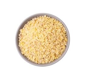 Photo of Raw bulgur in bowl isolated on white, top view