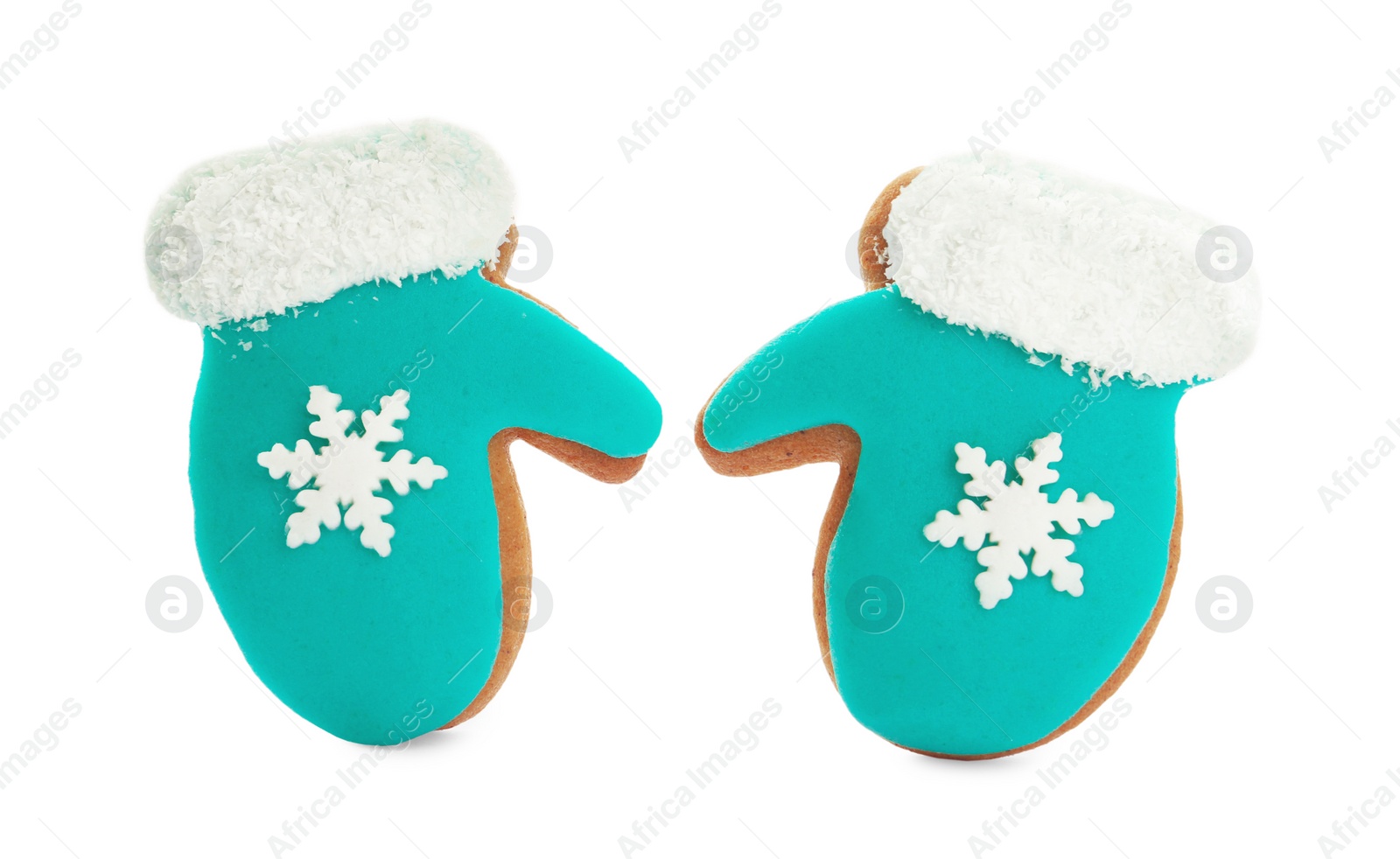 Photo of Christmas cookies in shape of mittens on white background