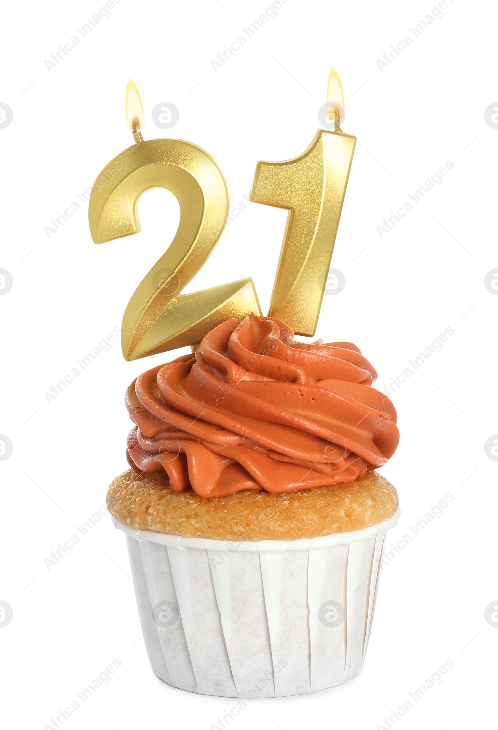 Photo of Delicious cupcake with number shaped candles on white background. Coming of age party - 21th birthday