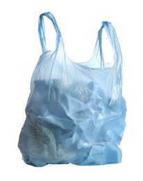 Photo of Blue trash bag full of garbage isolated on white