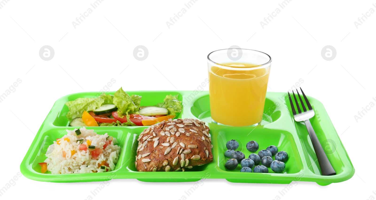 Photo of Serving tray with healthy food on white background. School lunch