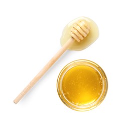 Photo of Tasty honey in glass jar and dipper isolated on white, top view