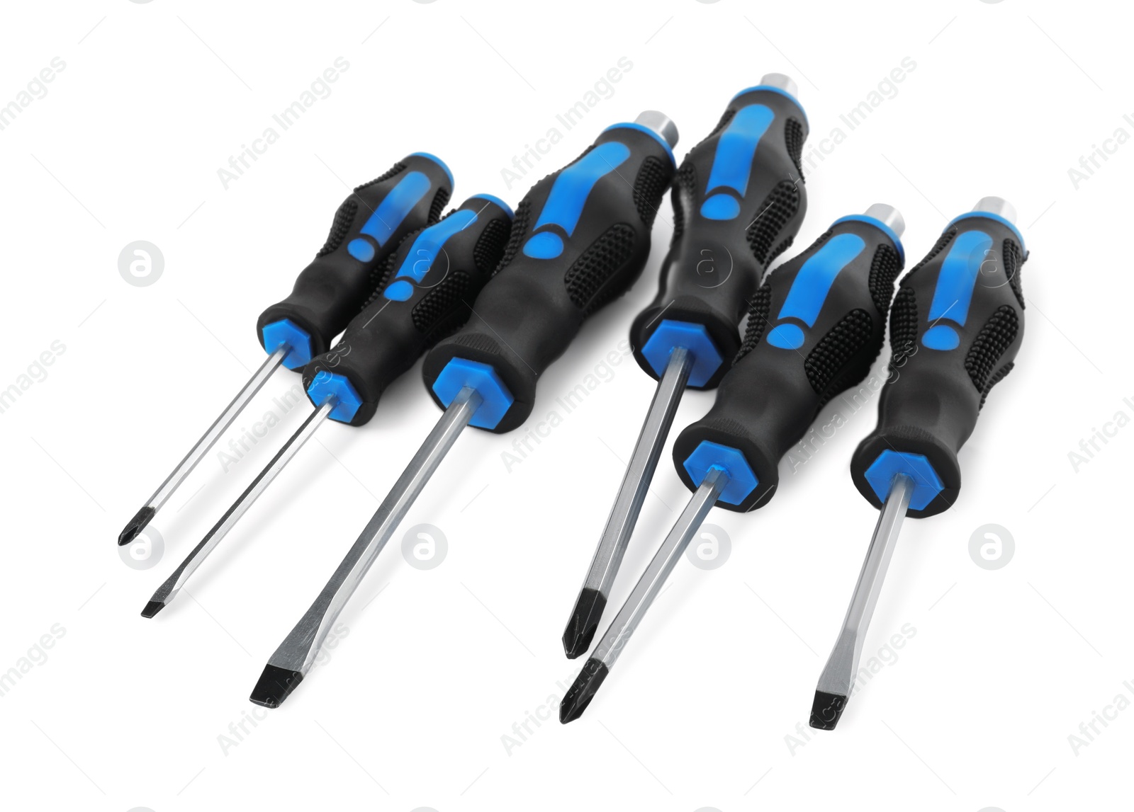 Photo of Set of screwdrivers with blue handles isolated on white