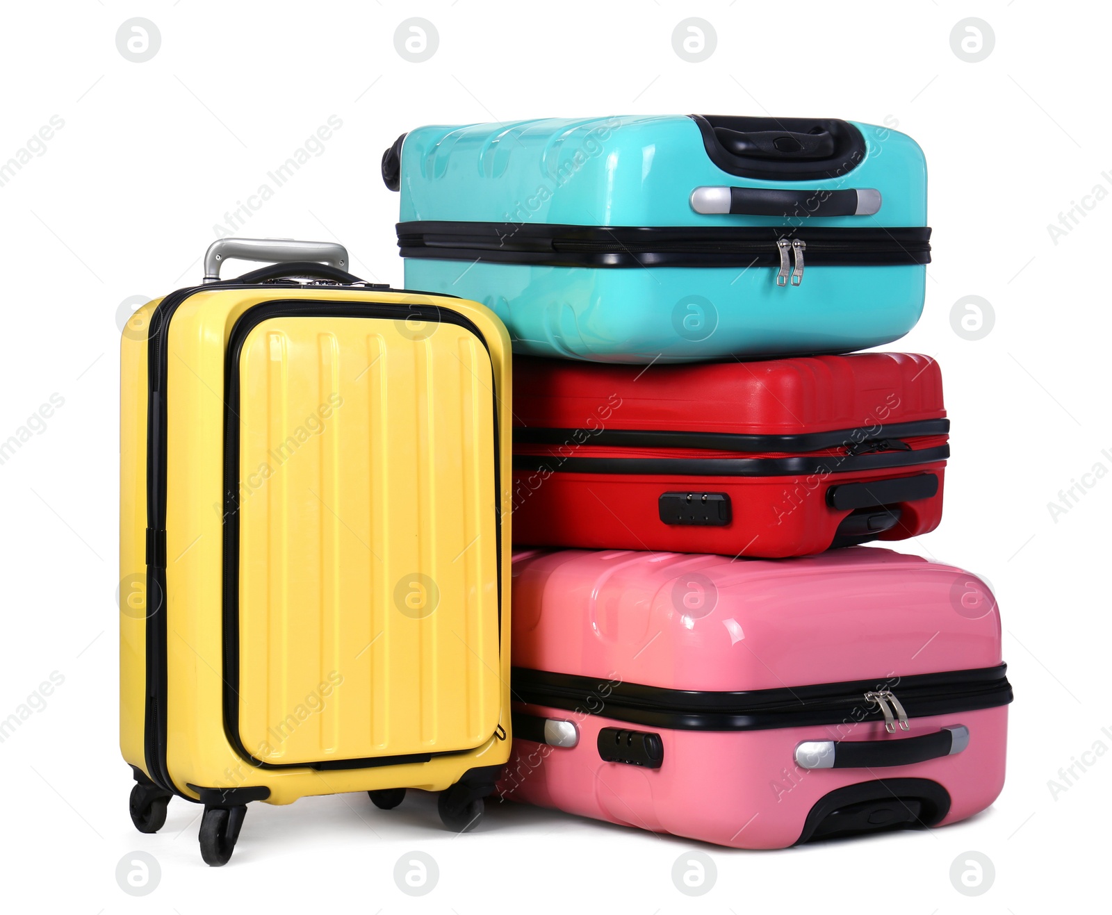 Photo of Stylish suitcases packed for travel on white background. Summer vacation