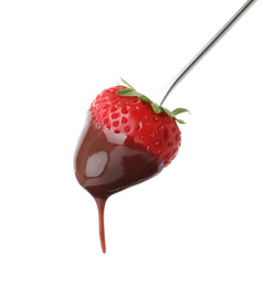 Photo of Strawberry with chocolate on fondue fork against white background