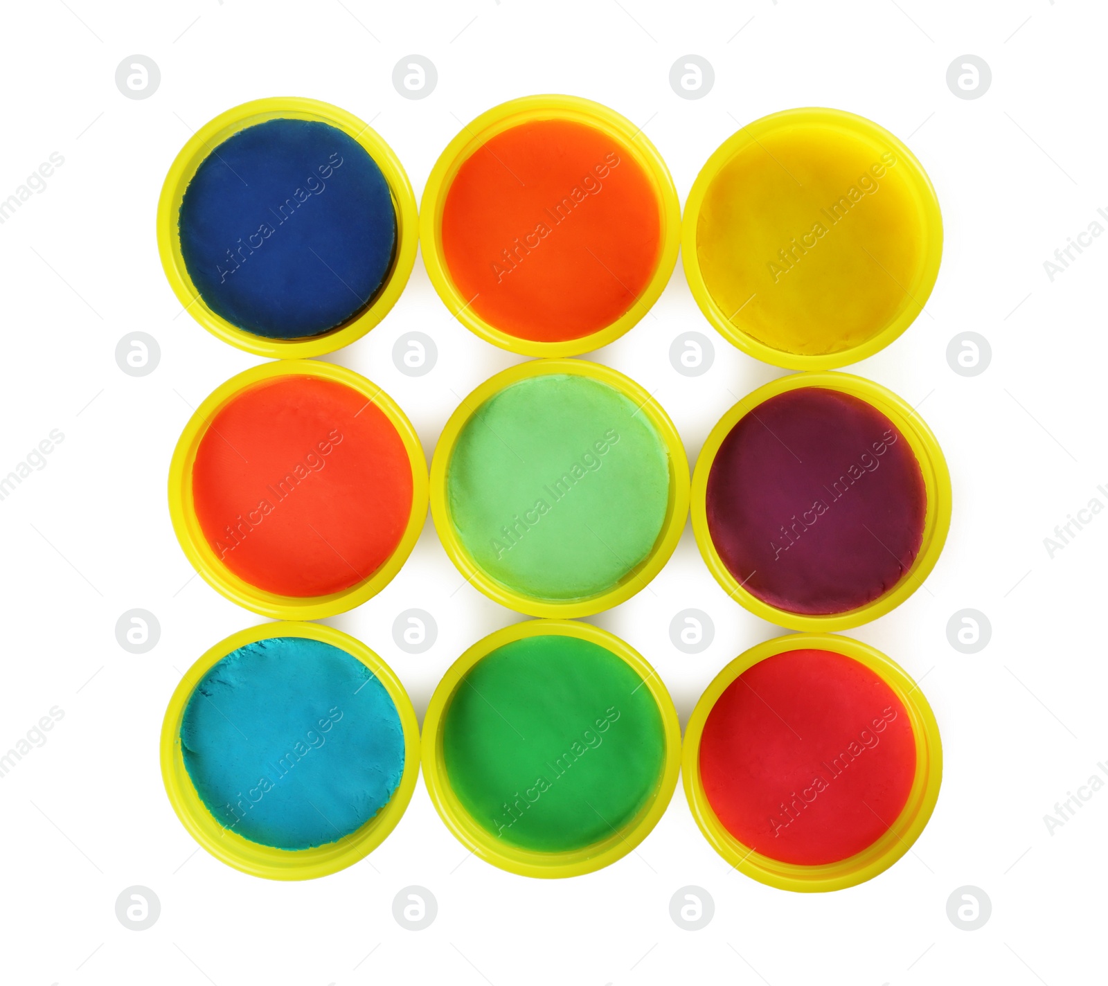 Photo of Plastic containers with colorful play dough on white background, top view