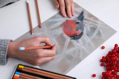 Photo of Woman drawing beautiful bullfinch on snowy branch with pastel pencil at white wooden table, closeup