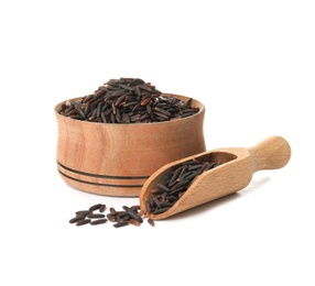 Photo of Bowl and scoop with uncooked black rice on white background