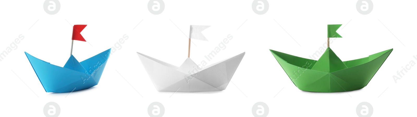 Image of Set with multicolor paper boats on white background. Banner design