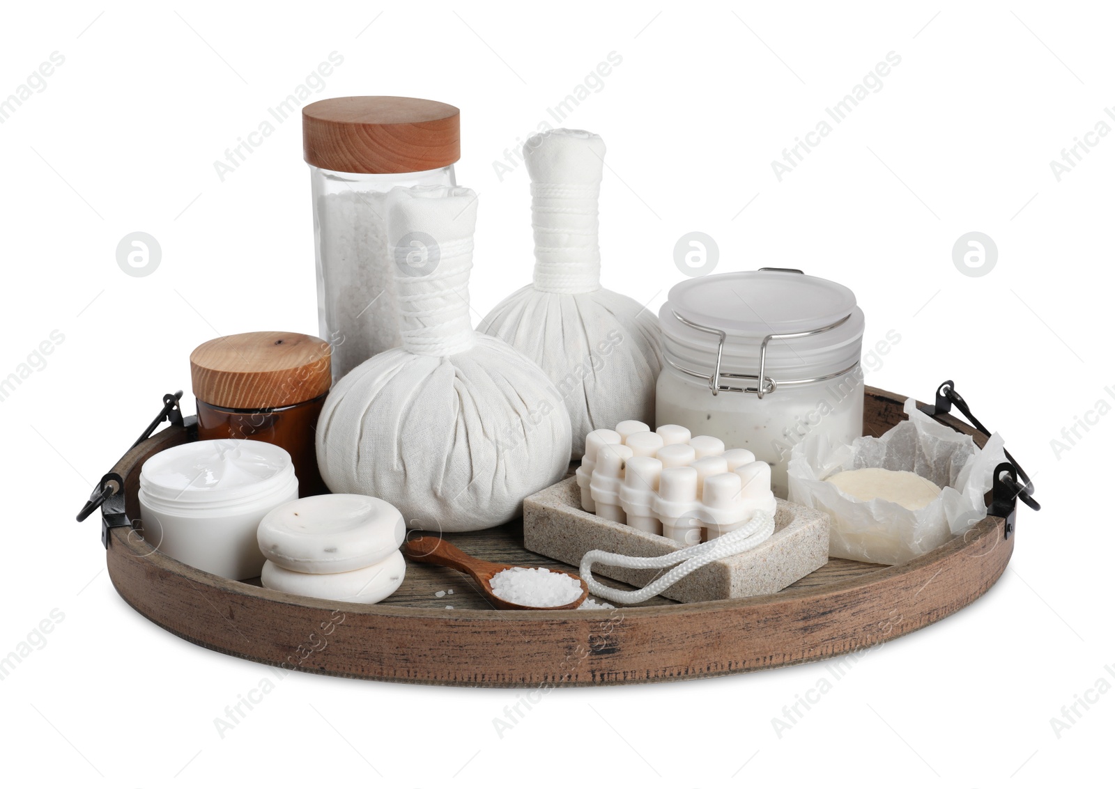Photo of Beautiful spa composition with different body care products isolated on white