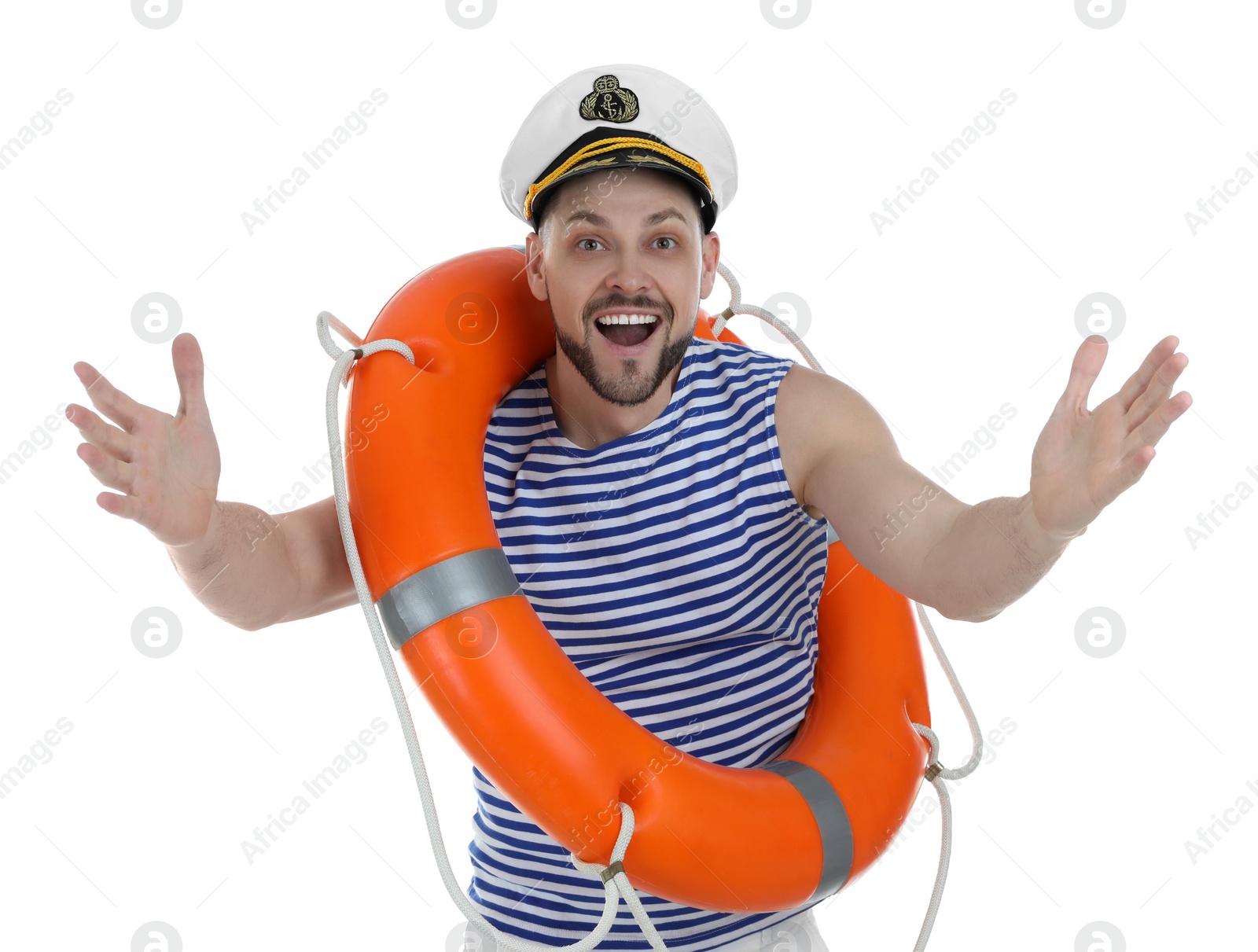 Photo of Happy sailor with orange ring buoy on white background