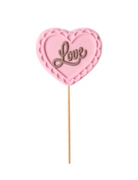 Photo of Woman holding heart shaped lollipops made of chocolate on white background, closeup