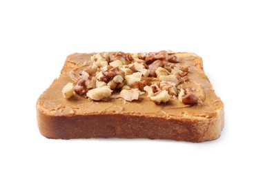 Delicious toast with peanut butter and crushed nuts isolated on white