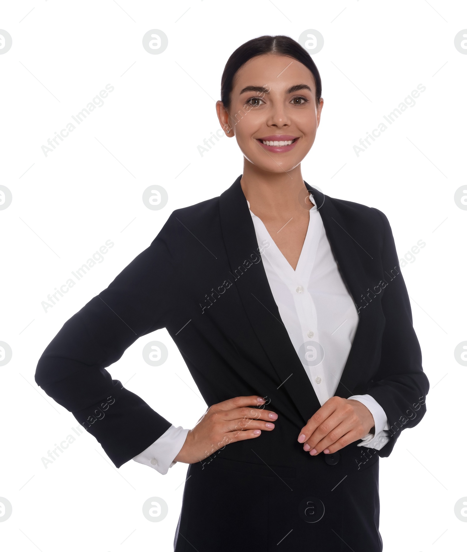 Photo of Portrait of hostess in uniform on white background