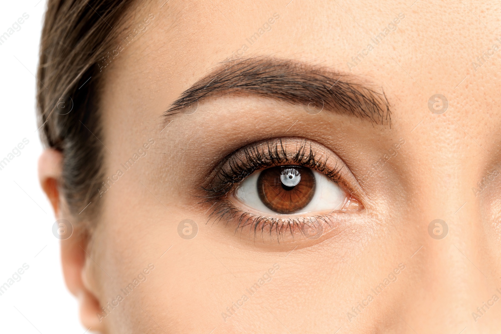 Photo of Young woman, closeup of eye. Visiting ophthalmologist