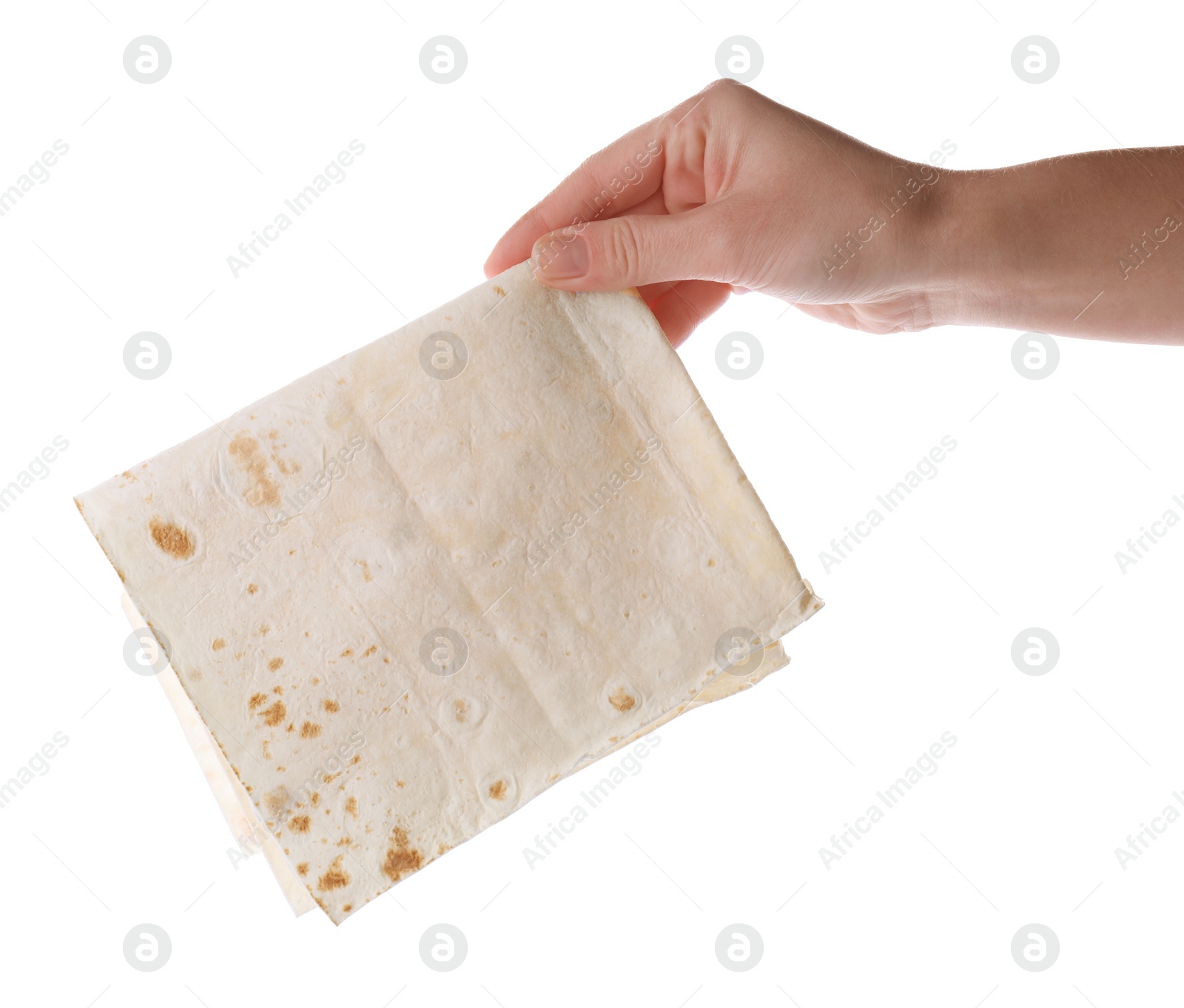 Photo of Woman holding thin Armenian lavash on white background, closeup