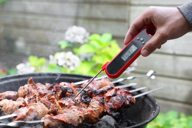 Photo of Man measuring temperature of delicious kebab on metal brazier outdoors, closeup