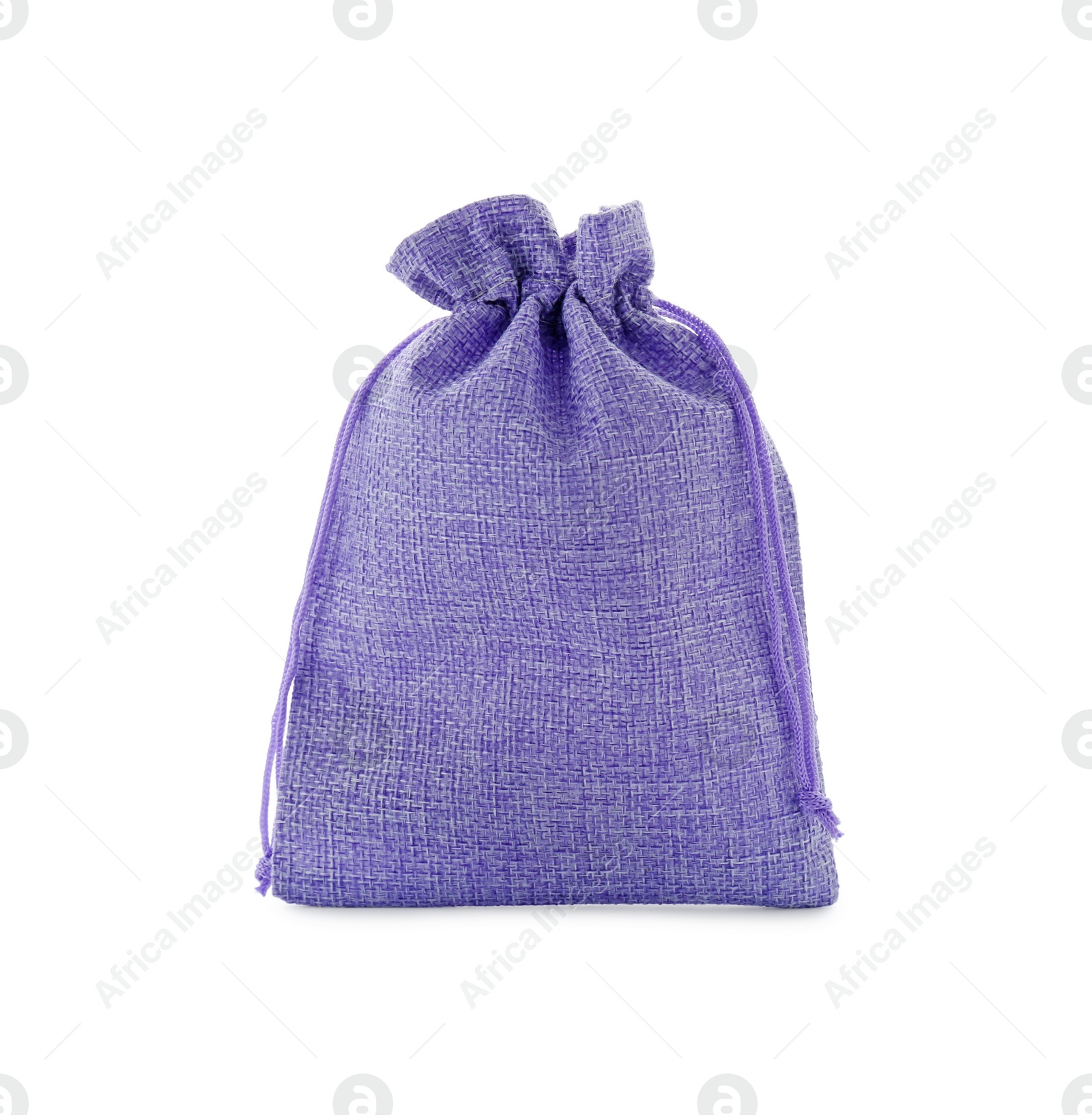 Photo of One violet burlap bag isolated on white