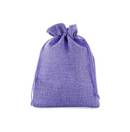 Photo of One violet burlap bag isolated on white