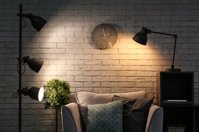 Interior of living room with modern lamps