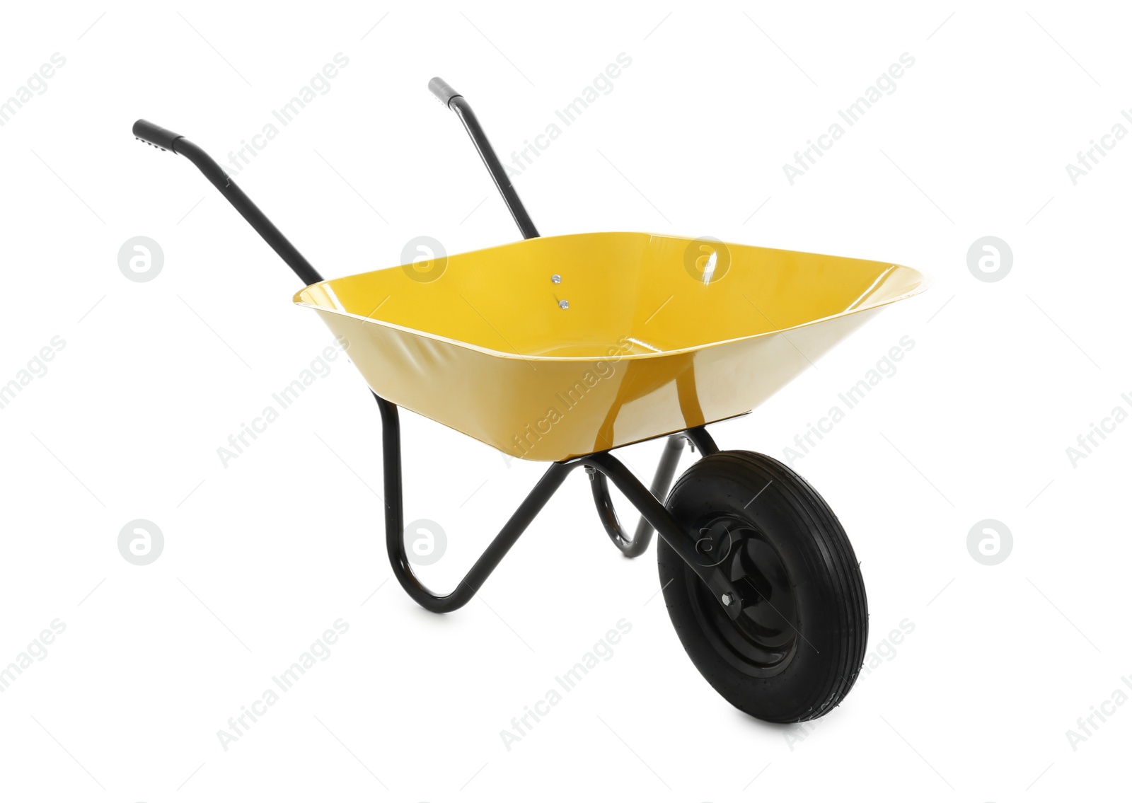 Photo of Color wheelbarrow isolated on white. Gardening tool