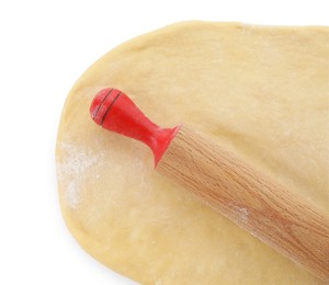 Photo of Raw dough and rolling pin isolated on white, top view