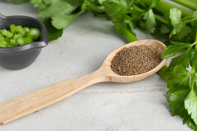 Spoon of celery seeds and fresh plant on light grey textured table, closeup