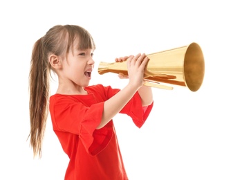 Photo of Cute little girl with megaphone on white background