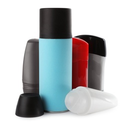 Photo of Set of different male deodorants on white background