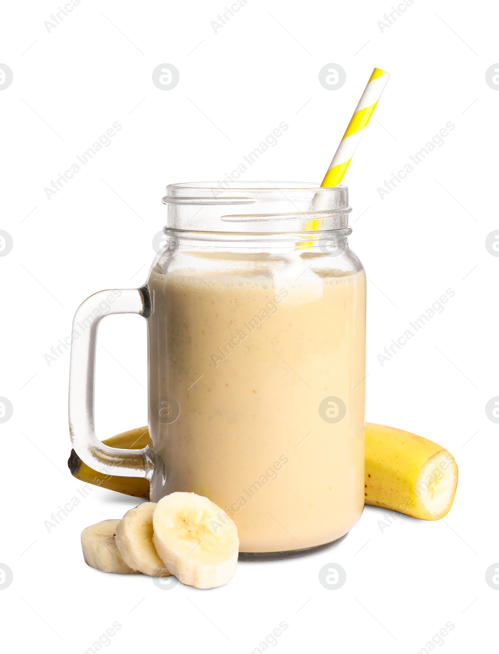 Photo of Mason jar of tasty banana smoothie and fresh fruit on white background