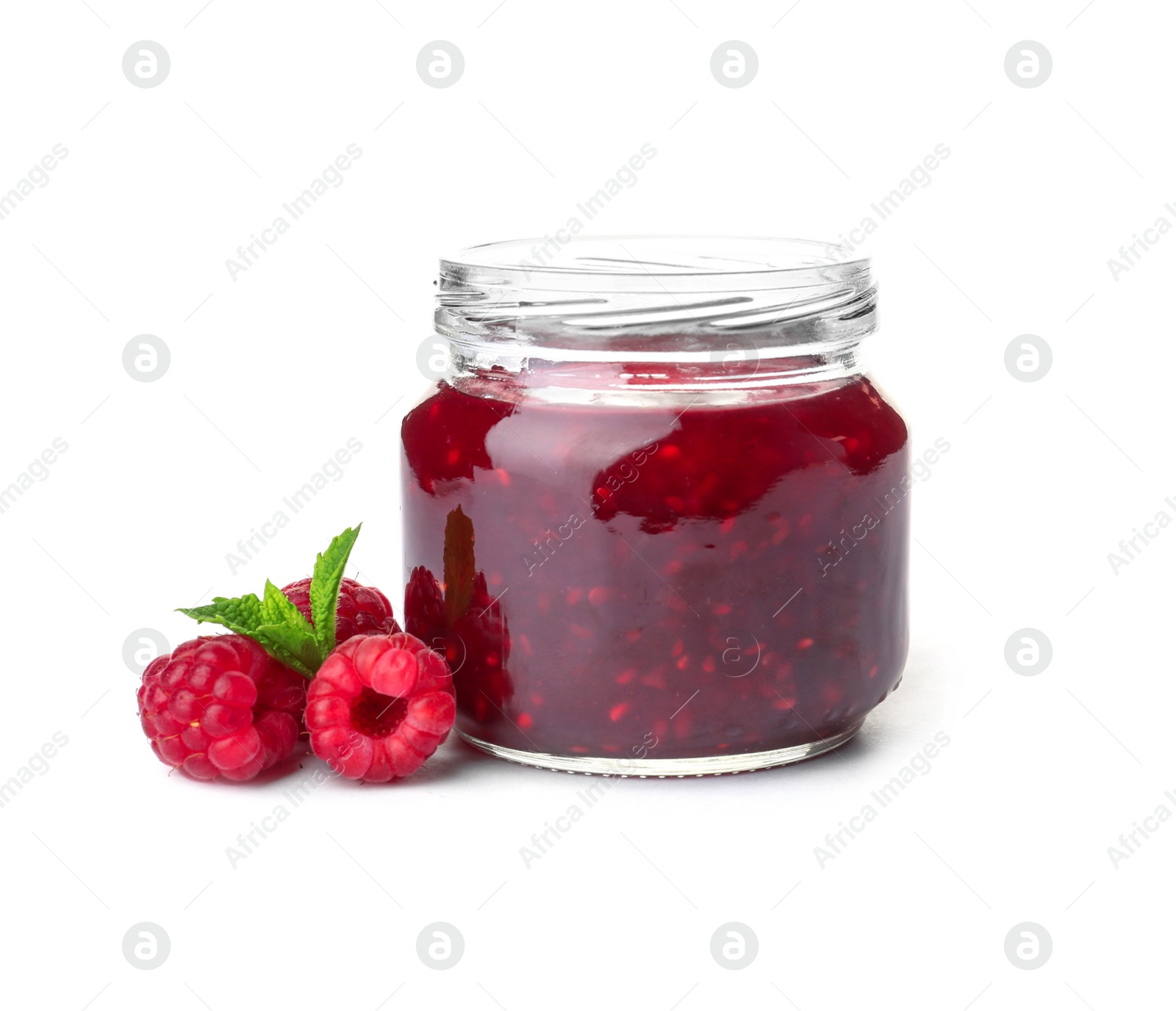 Photo of Jar with delicious raspberry jam on white background