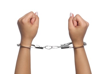 Photo of Woman in handcuffs on white background, closeup