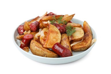 Photo of Delicious baked potato with thin dry smoked sausages, onion and dill isolated on white