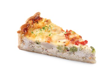 Photo of Piece of tasty quiche with chicken, cheese, microgreens and vegetables isolated on white
