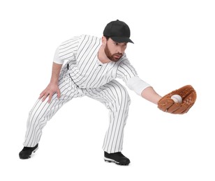 Photo of Baseball player catching ball on white background