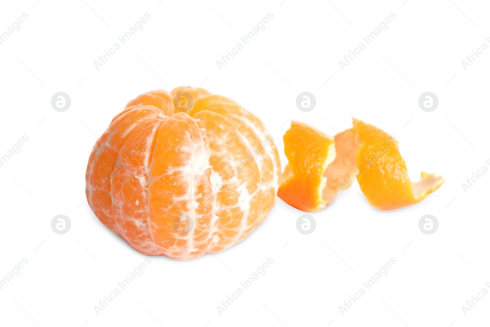 Photo of Peeled fresh juicy tangerine with zest isolated on white