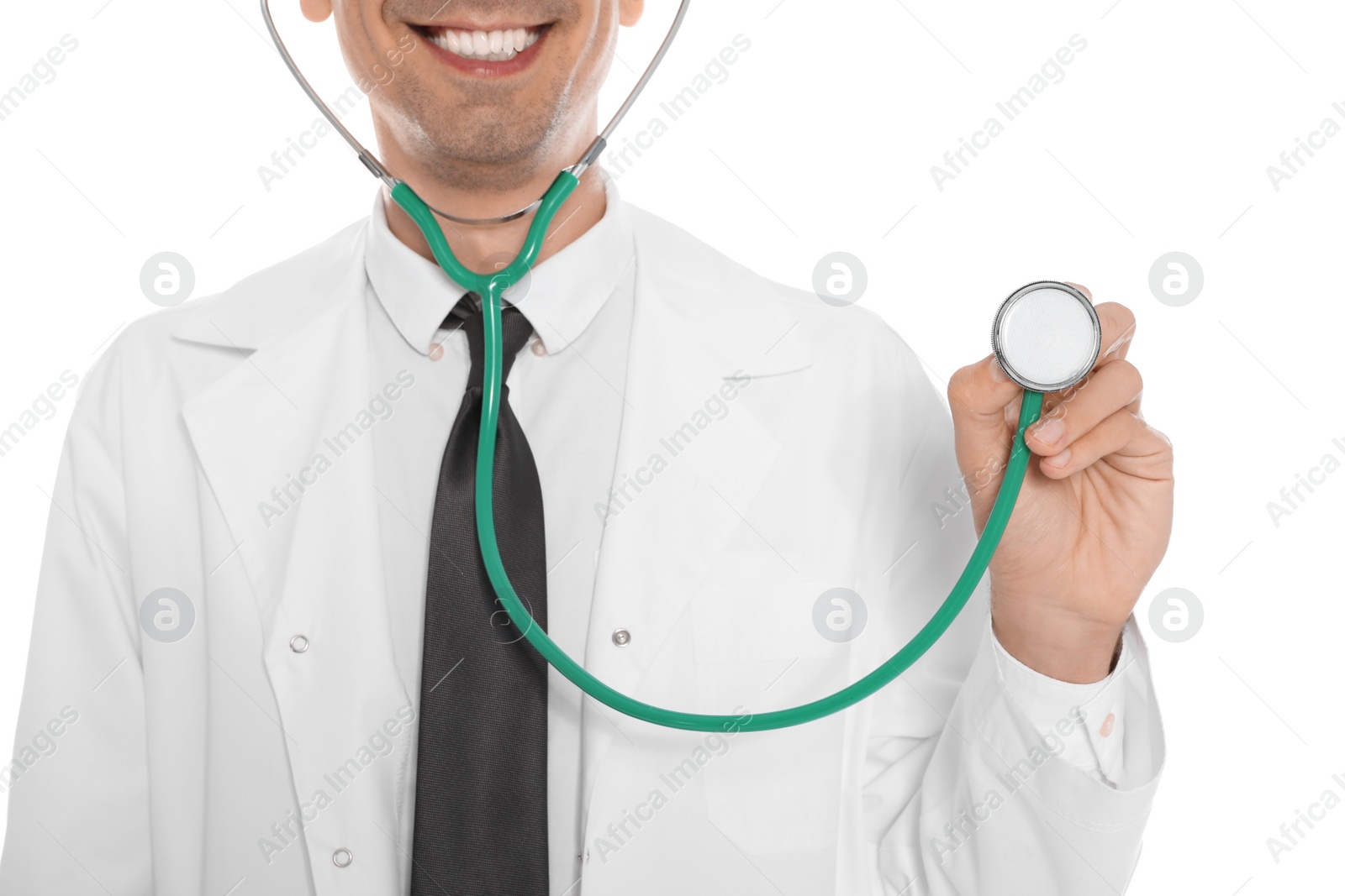 Photo of Medical doctor with stethoscope isolated on white, closeup