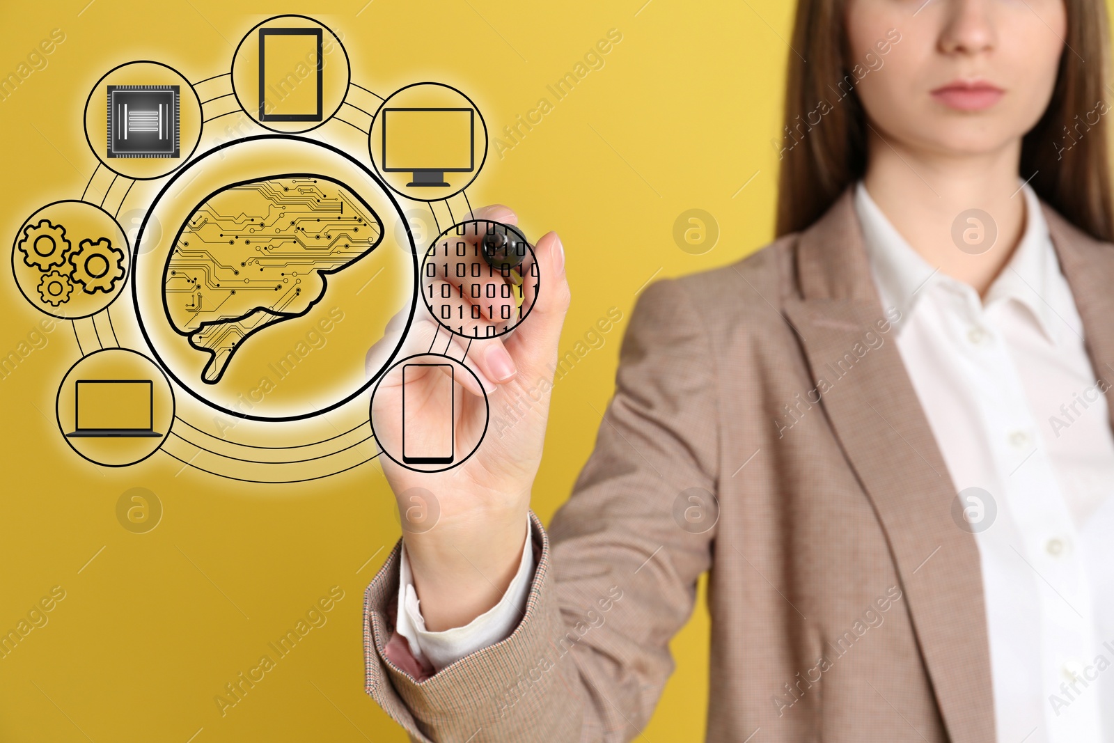 Image of Woman touching icon on virtual screen, closeup. Machine learning concept 