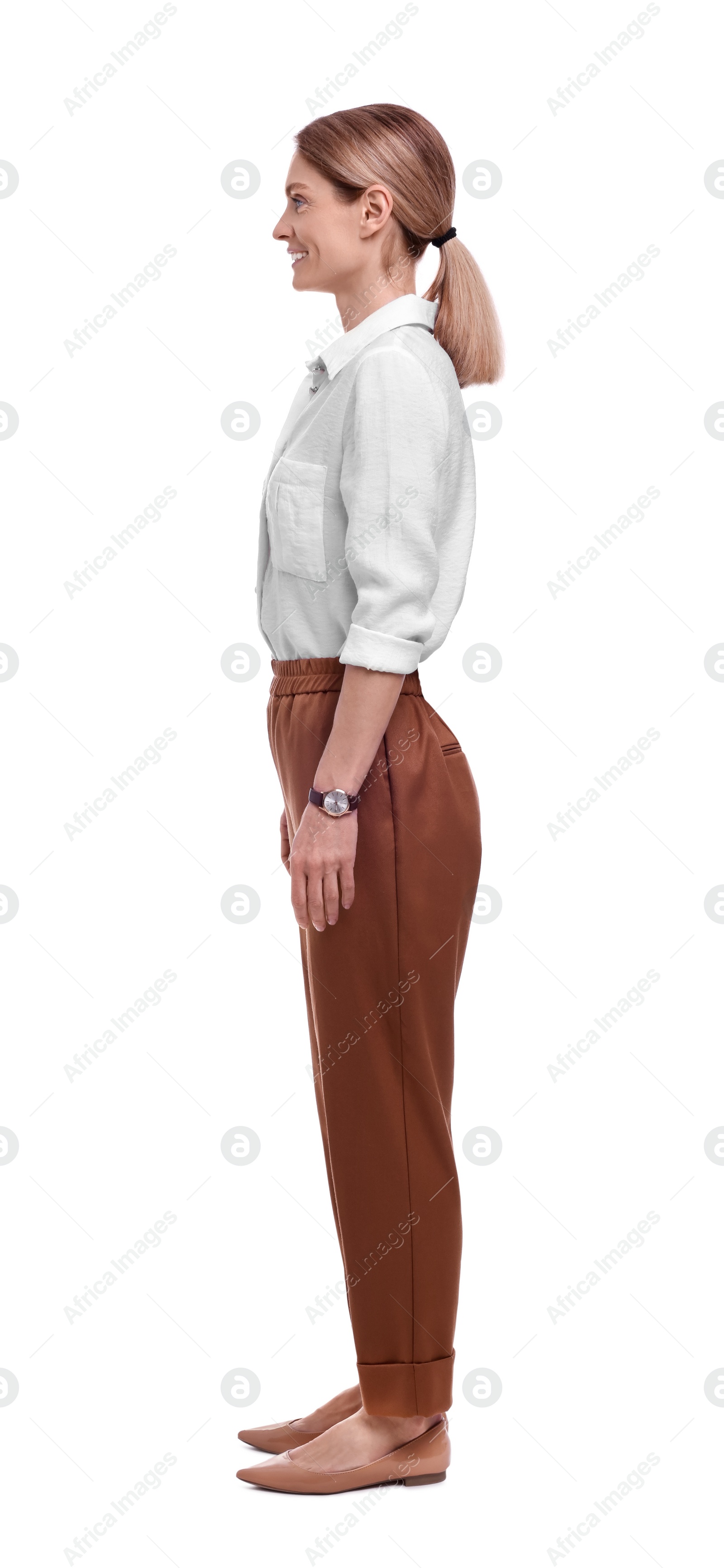 Photo of Full length portrait of beautiful happy businesswoman on white background