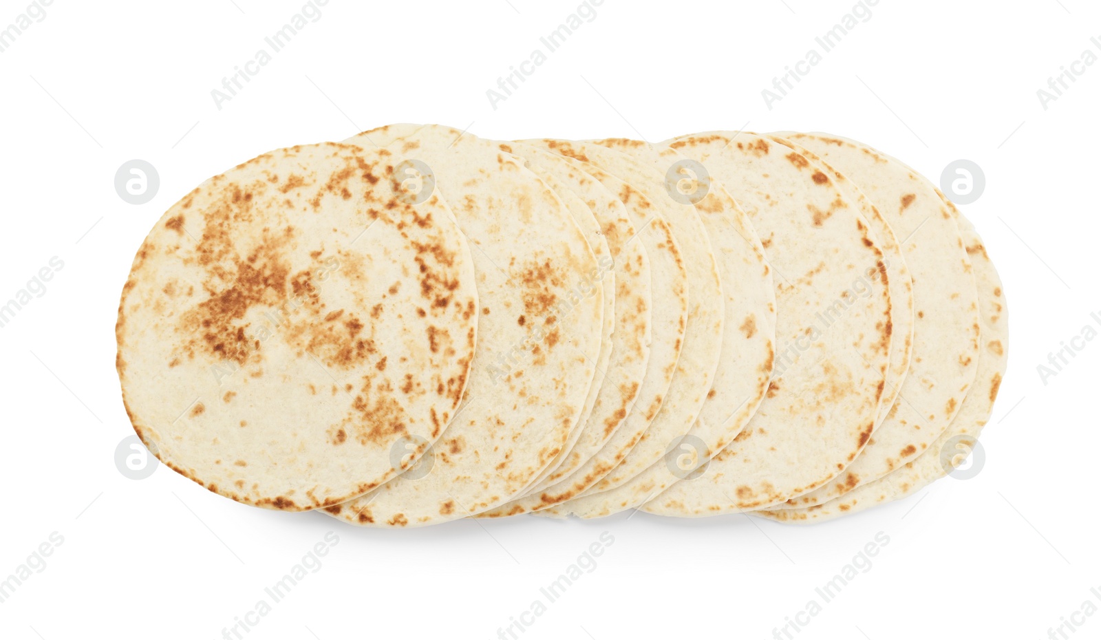 Photo of Many tasty homemade tortillas isolated on white, top view