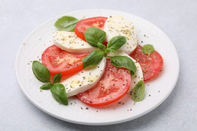 Photo of Plate of delicious Caprese salad with herbs on light grey table, closeup