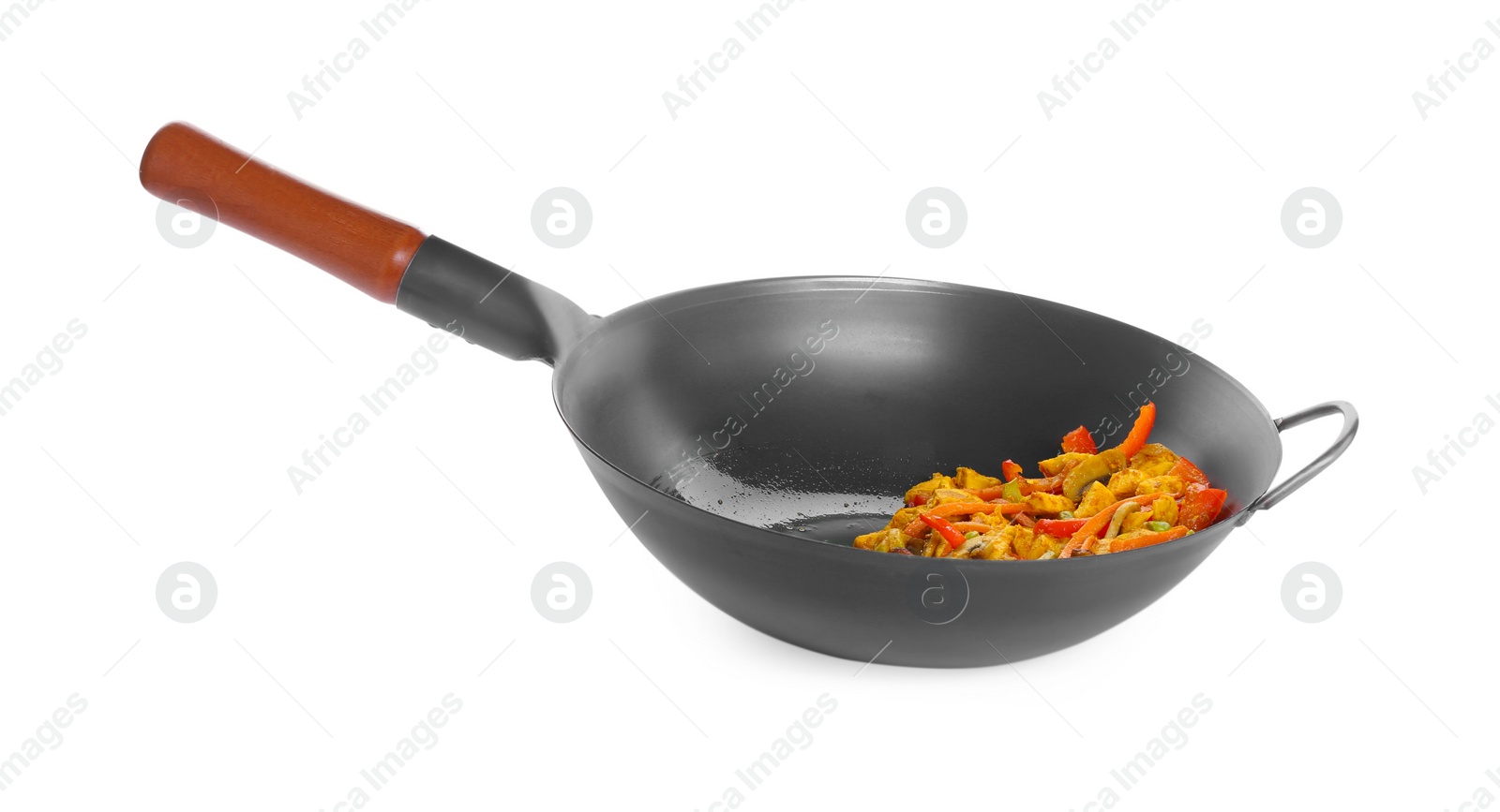 Photo of Stir-fry. Cooked vegetables and chicken in wok isolated on white