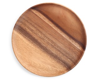 Wooden plate on white background, top view