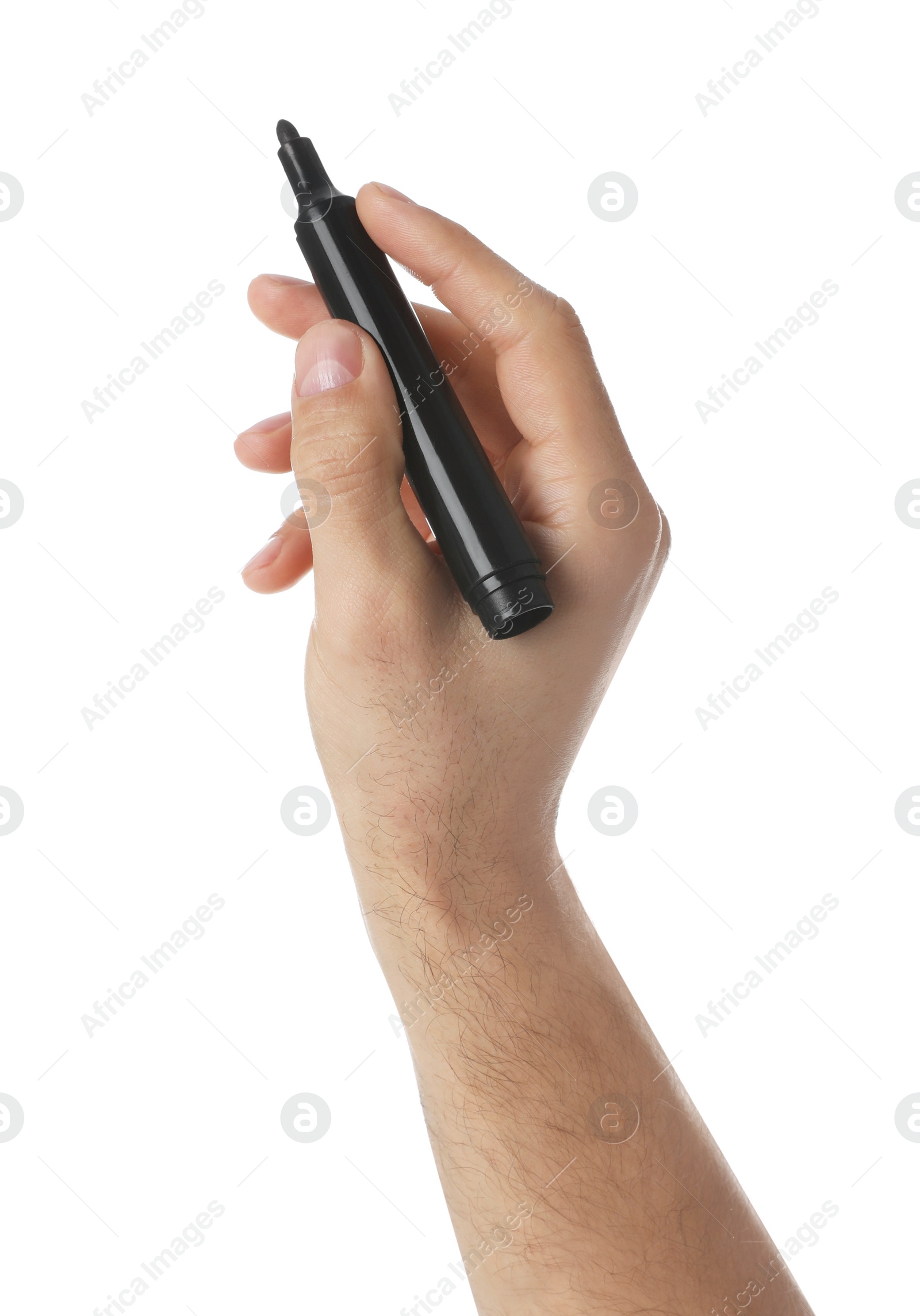 Photo of Man holding black marker on white background, closeup